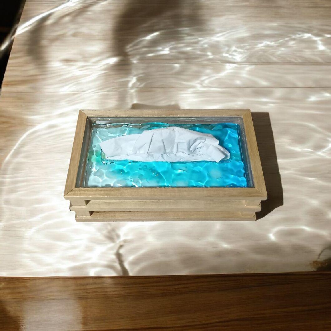 【1221】オーシャンアート　立体波紋　ウッドレジン　ティッシュケース　海雑貨