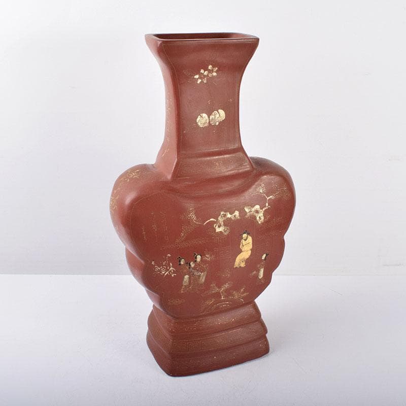 中国　康煕年製　乾漆朱漆金蒔絵山水人物文扁壷　V　3905B