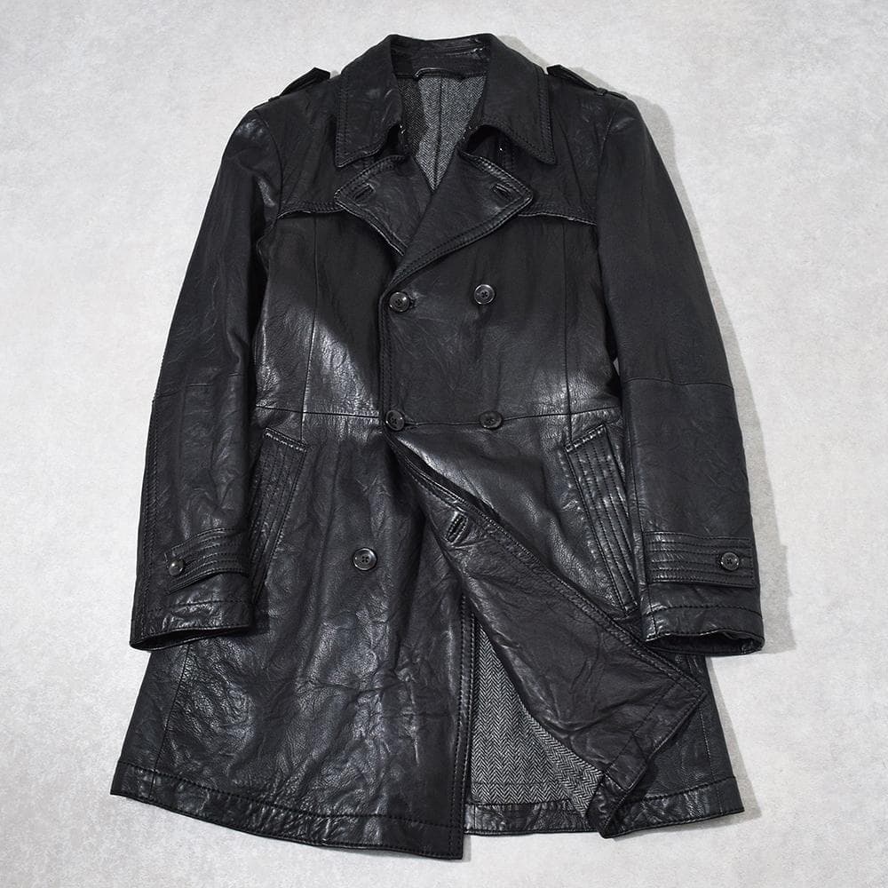 y2k TORNADO MART シワ加工 羊革 レザーコート 裏地ツイード 黒