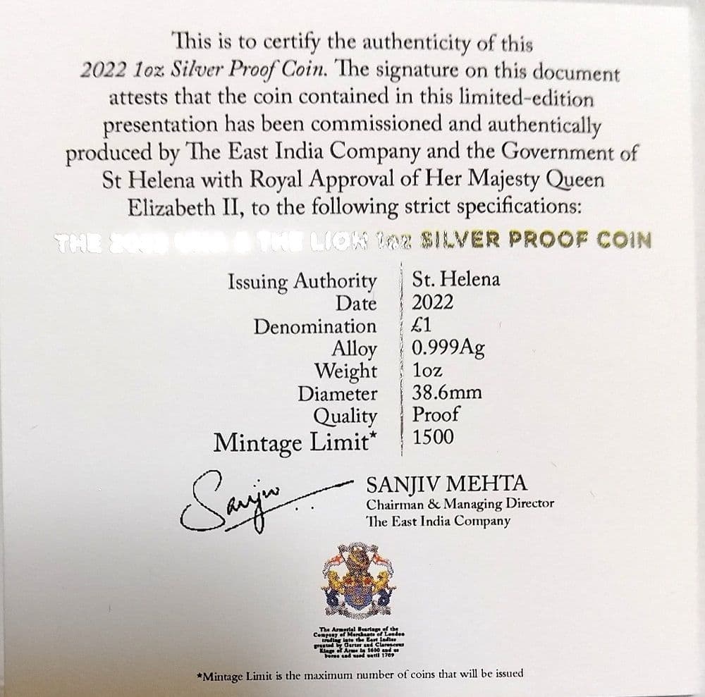 2022年 セントヘレナ ウナとライオン 1オンス銀貨 PF69 UC FDI