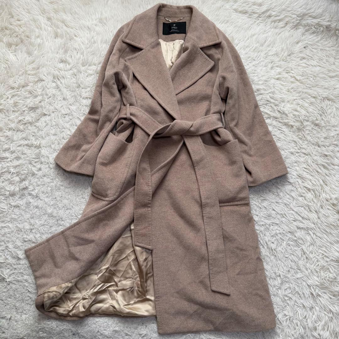 美品XLサイズ相当カシミヤ100% イネド　ベルテッドコート　ロング　ベージュ