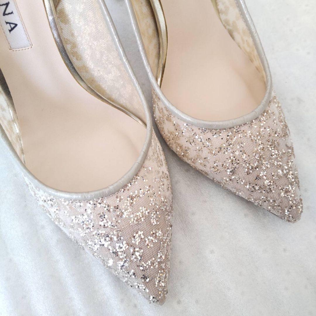 美品✨DIANA グリッターチュールハイヒール プラチナ ウェディング 22.5