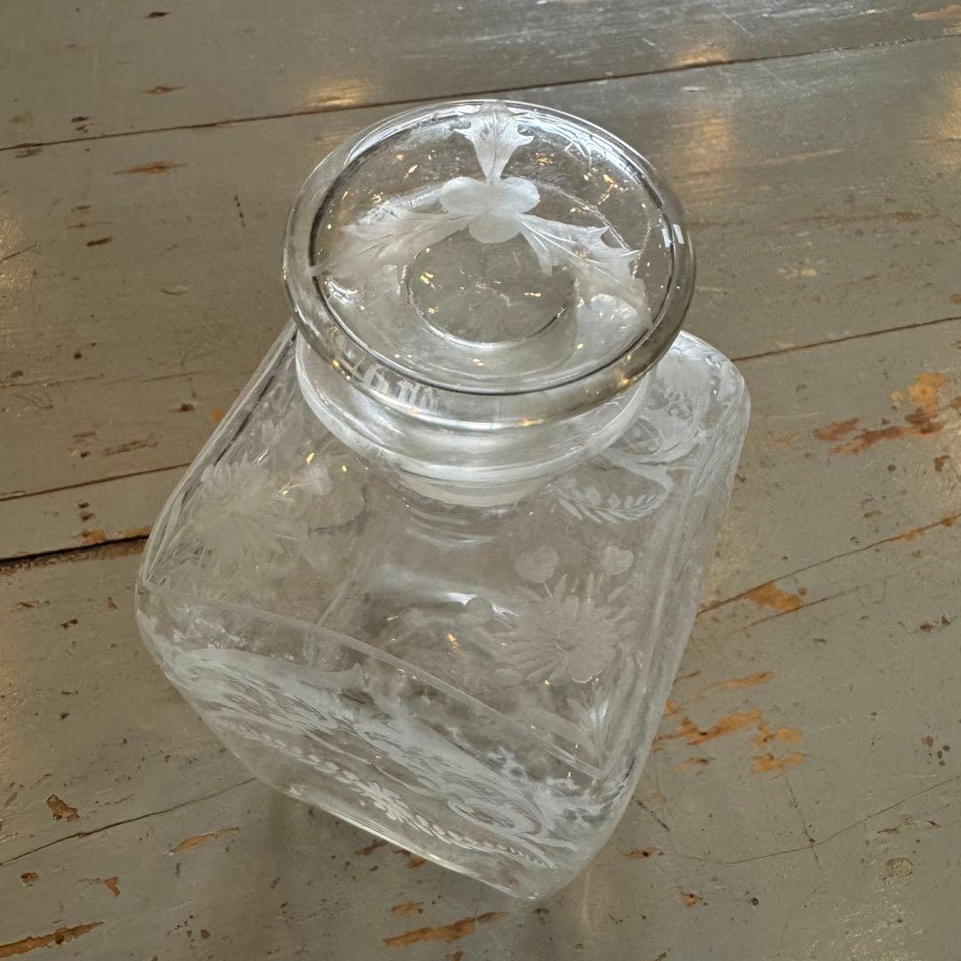 19世紀 フランス ガラス角瓶 硝子 グラビュール 民芸 アンティーク 古道具