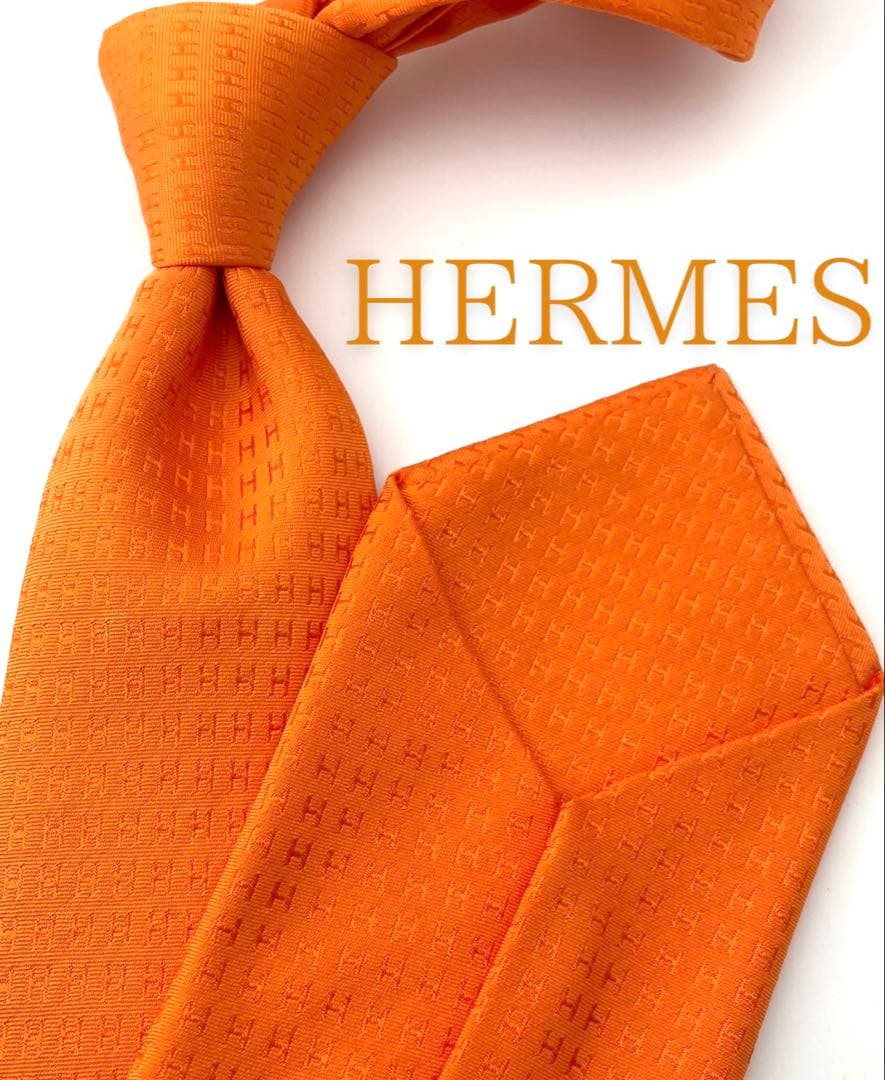 美品 エルメス ネクタイ ハイブランド H柄 ファソネ 高級 レア オレンジ