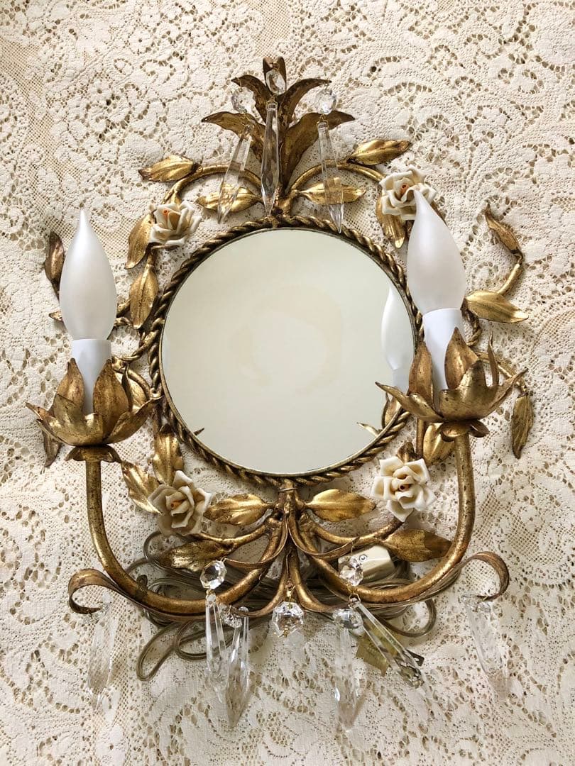 再再値下　豪華　ヴィンテージITALY 薔薇&クリスタル装飾♪燭台ランプ付壁掛鏡