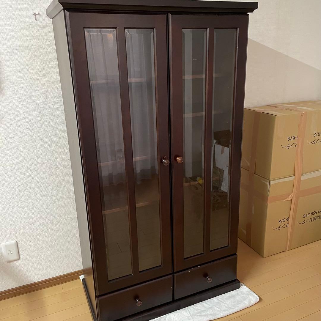 本棚 木製 ガラス扉付き キャビネット　84×42×150cmダークブラウン