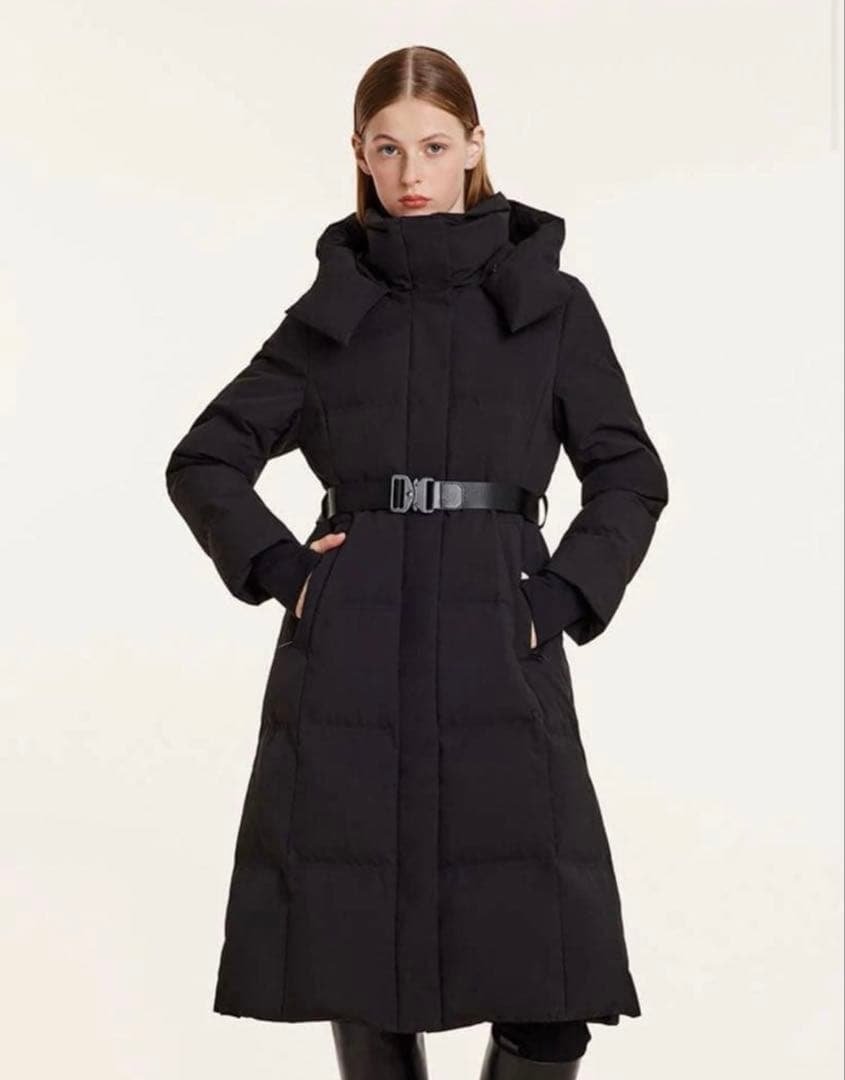 GOELIAフード付きギャザーウエストロンググースダウン ジャケットベルト付きM