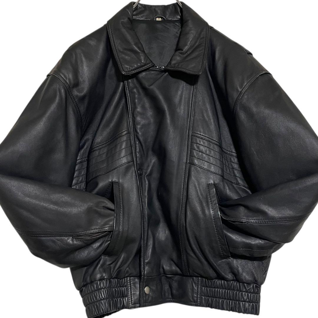 【vintage】羊革 本革 ラムレザーシングルライダースジャケット ブラックM