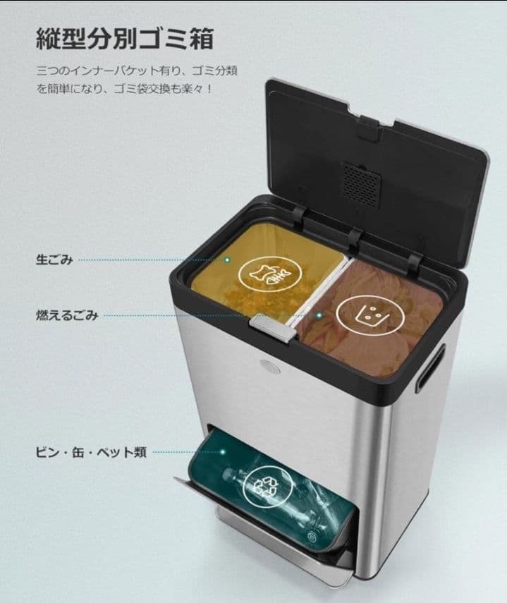 #新品訳ありゴミ箱2段式3分別 縦型 計60L ペダル式キャスター ステンレス製