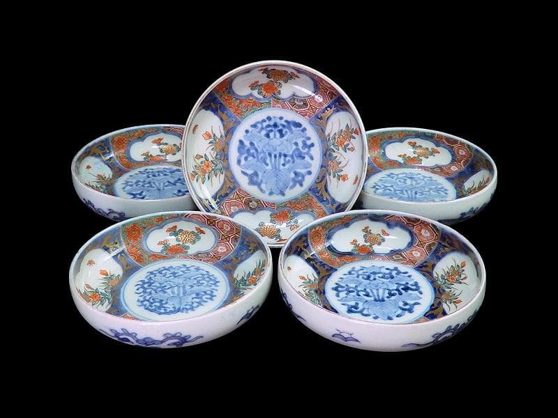 古伊万里　色絵　窓絵　菊に桔梗の図　膾皿　５客　C001AS-CWa