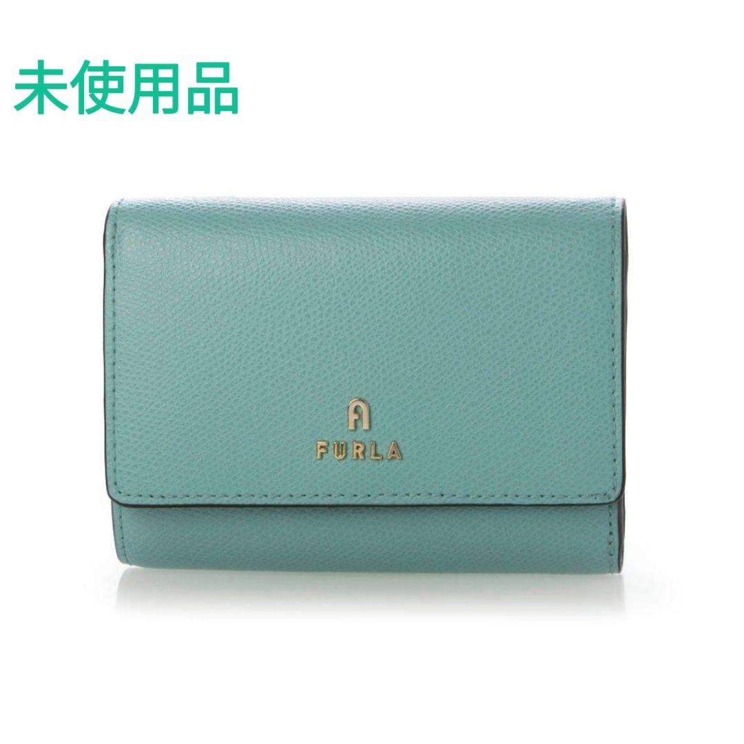未使用品　フルラ カメリア コンパクト二つ折り財布　レザー　ターコイズ色