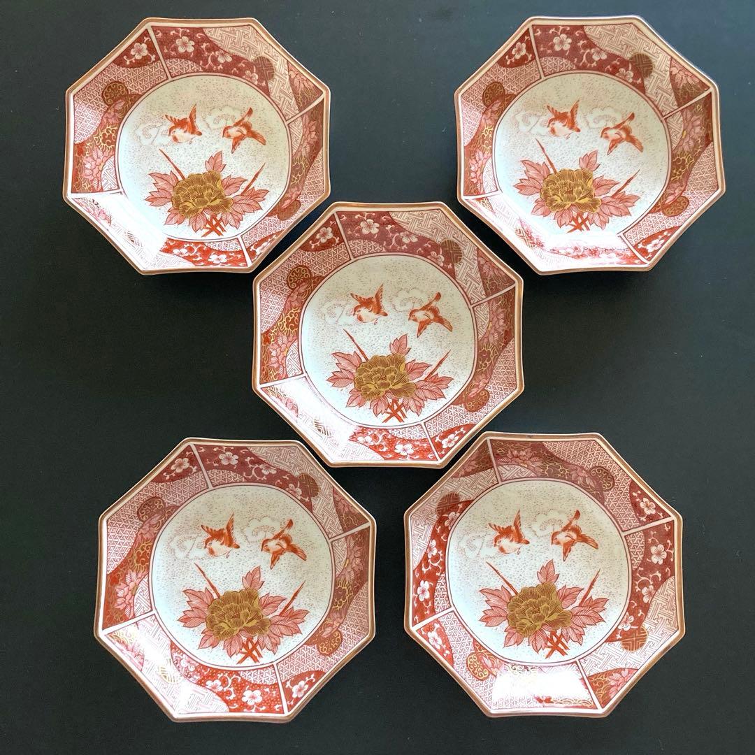 【美品】九谷焼　光山窯　赤絵　金彩　八角皿　銘々皿　12cm ５枚セット