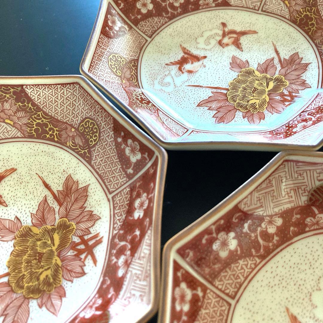 【美品】九谷焼　光山窯　赤絵　金彩　八角皿　銘々皿　12cm ５枚セット