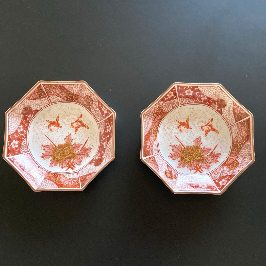 【美品】九谷焼　光山窯　赤絵　金彩　八角皿　銘々皿　12cm ５枚セット