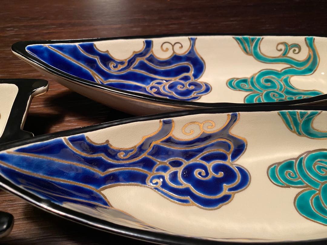 京焼向付　仁清流水舟形向付7客　新品未使用