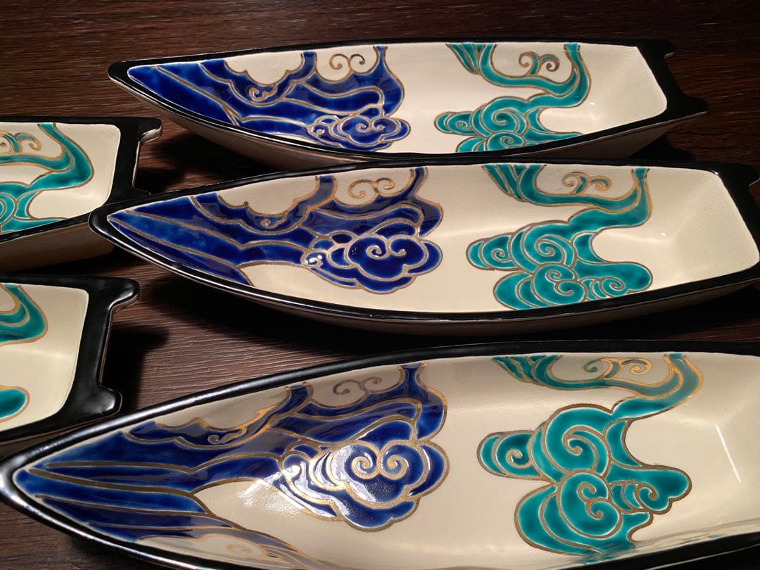 京焼向付　仁清流水舟形向付7客　新品未使用