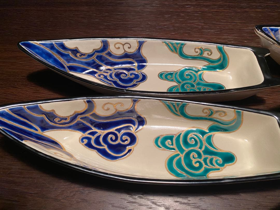 京焼向付　仁清流水舟形向付7客　新品未使用