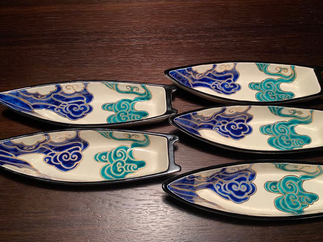 京焼向付　仁清流水舟形向付7客　新品未使用