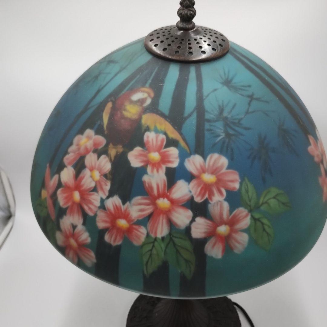 c【 美品 】高さ58㎝ ティファニー 鳥 花柄 大型ガラスシェードランプ