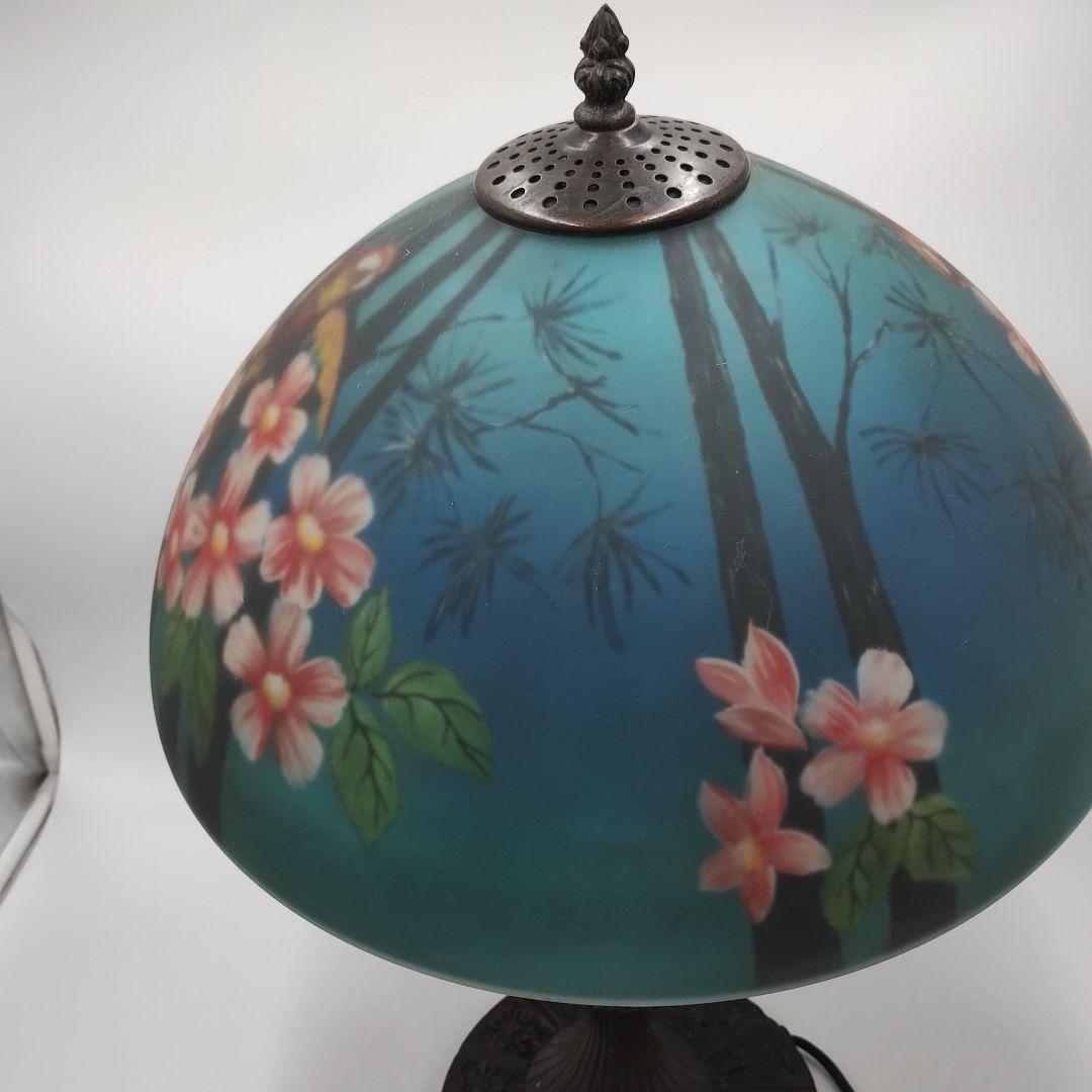 c【 美品 】高さ58㎝ ティファニー 鳥 花柄 大型ガラスシェードランプ