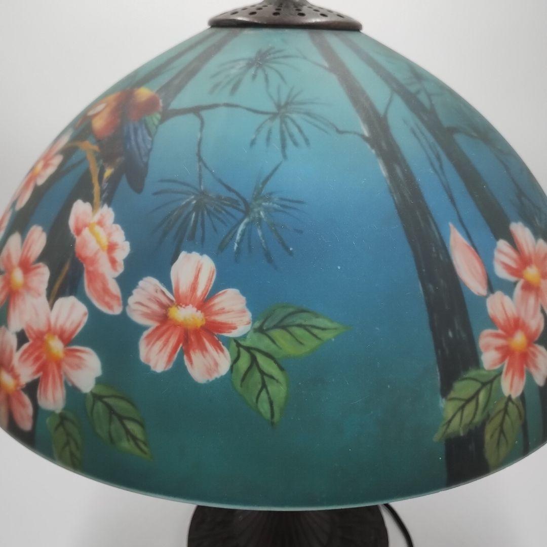 c【 美品 】高さ58㎝ ティファニー 鳥 花柄 大型ガラスシェードランプ