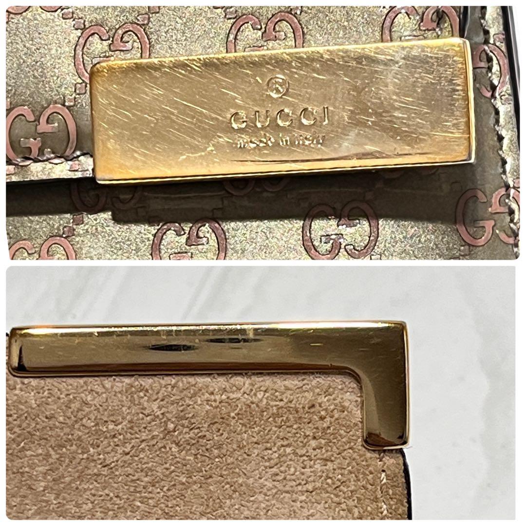 美品✨GUCCI レアカラー　マイクロシマ　GG柄 メタリックカーキ　エナメル