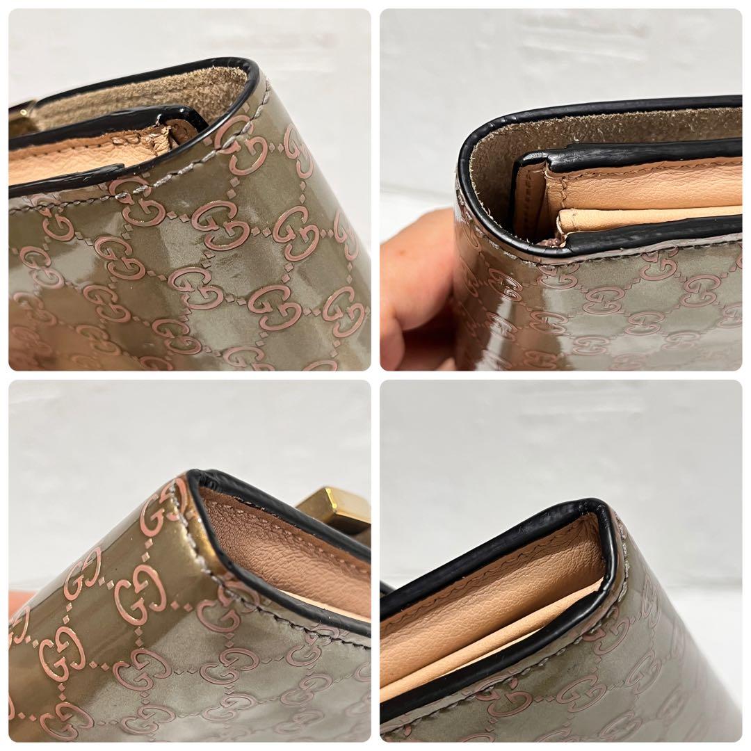 美品✨GUCCI レアカラー　マイクロシマ　GG柄 メタリックカーキ　エナメル