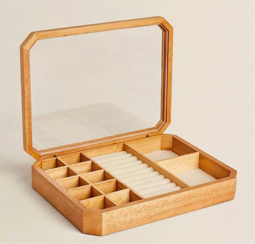 木製アクセサリー収納ケース ガラスフタ付き　ウッドジュエリーボックス