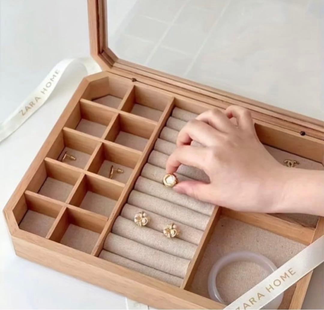 木製アクセサリー収納ケース ガラスフタ付き　ウッドジュエリーボックス