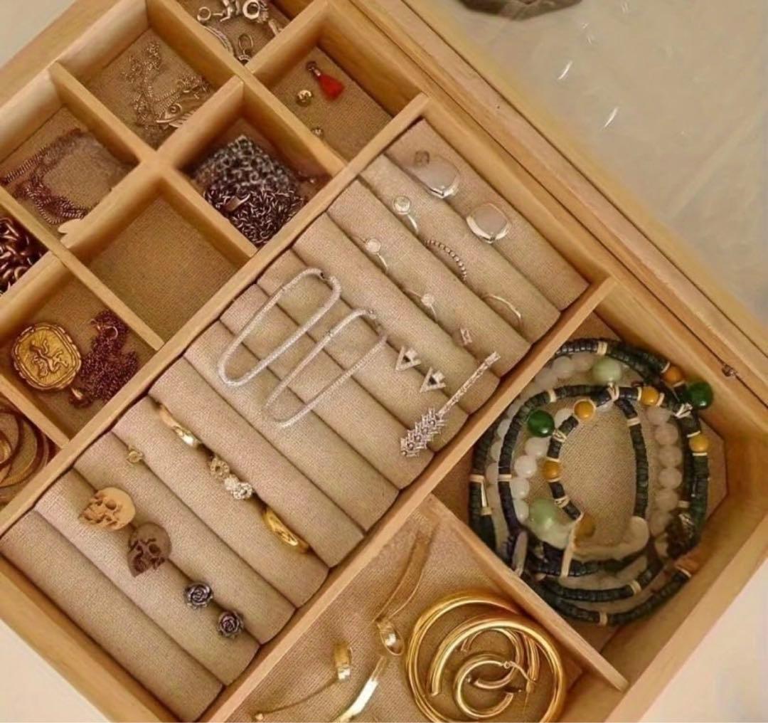 木製アクセサリー収納ケース ガラスフタ付き　ウッドジュエリーボックス