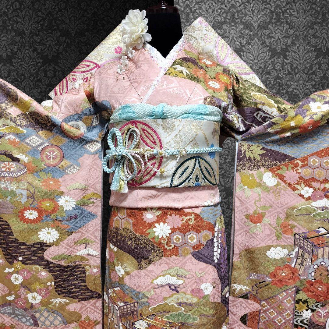振袖フルセット(7点)・成人式・金彩加工・くすみ・ピンク・古典柄・正絹