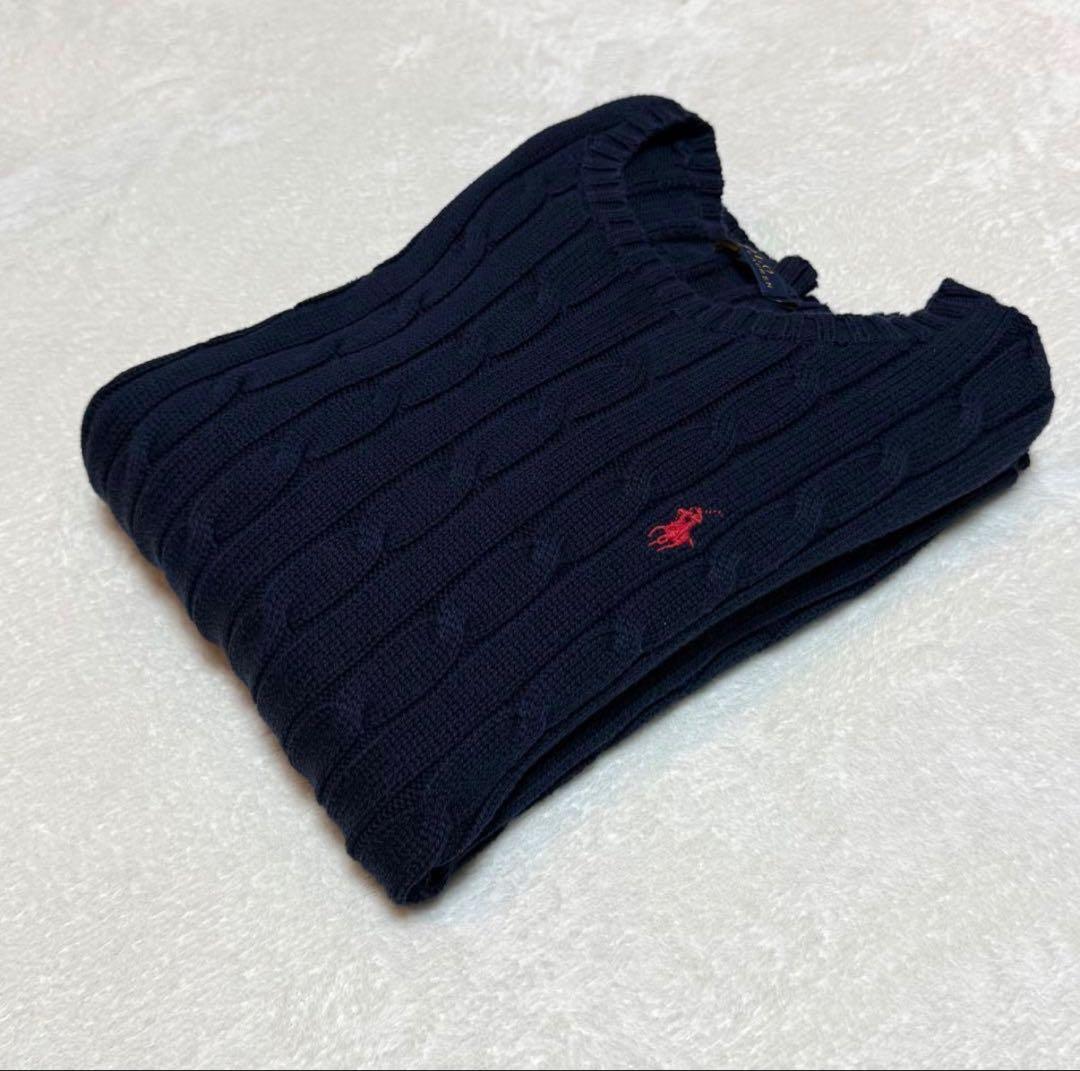 ❤️ラルフローレン大人気クルーネックケーブルニットセーター現行品ネイビー×レッドM