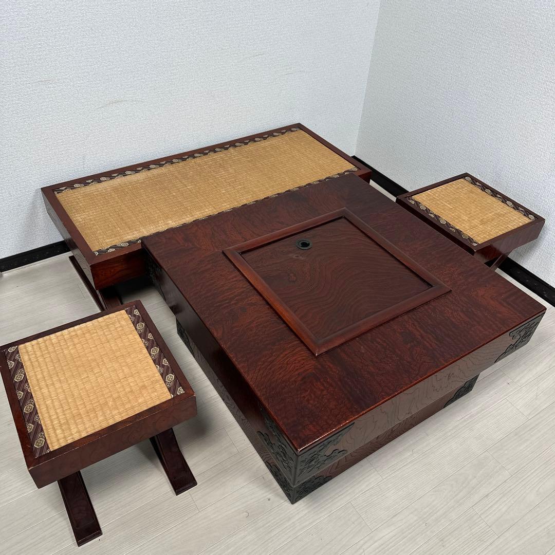 駿河民芸 囲炉裏テーブル 杢目 隅金具/畳ベンチ1脚・畳椅子2脚付き iso※