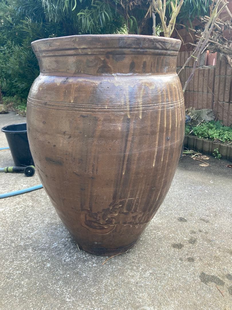 大型 水瓶 睡蓮鉢 火鉢 陶器製 壺 メダカ鉢 高さ64cm 直径42cm 骨董