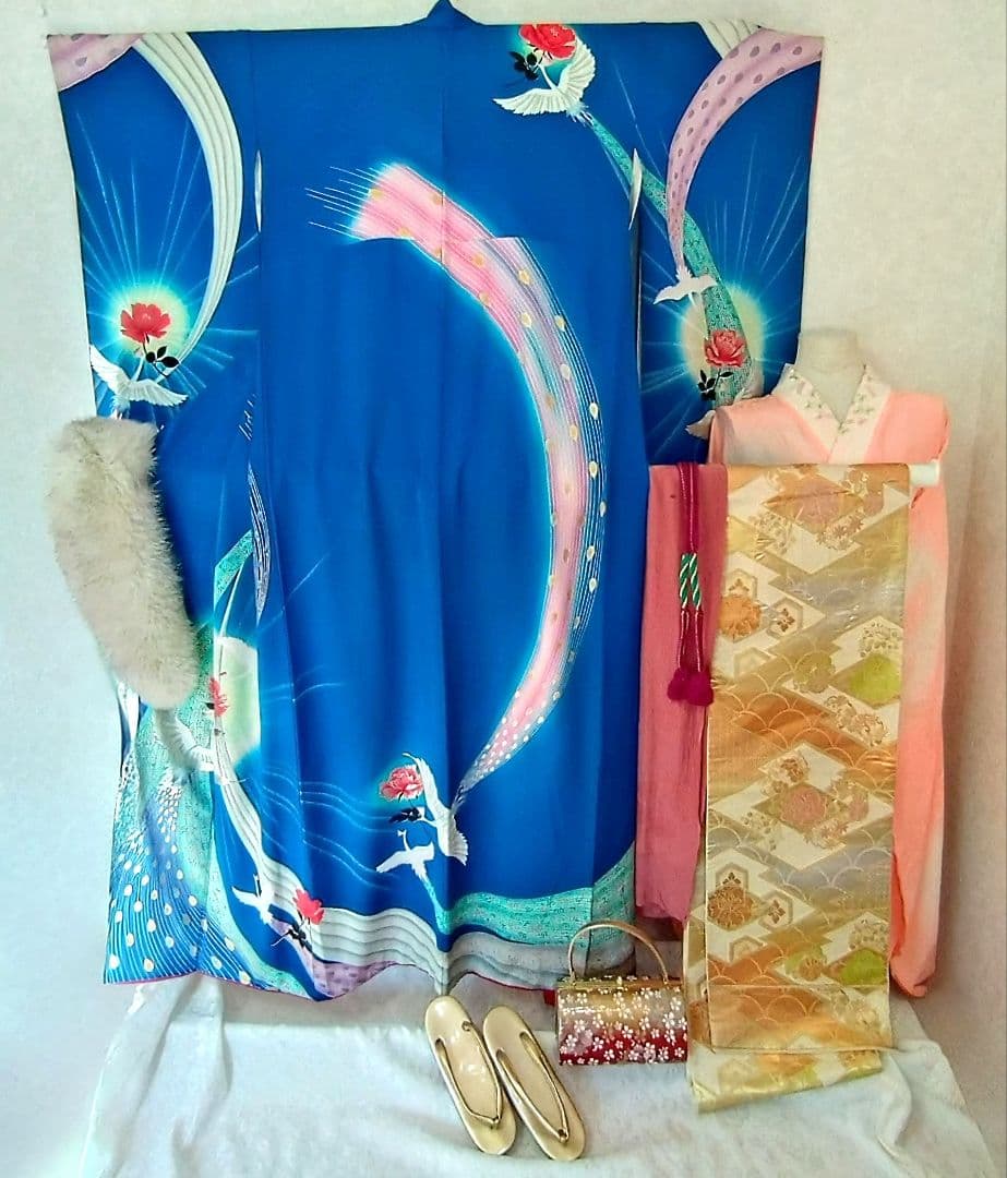 ポケカ 美品 ブルー系振袖 8点フルセット 正絹★青 バラ 鳳凰 ※ラメ