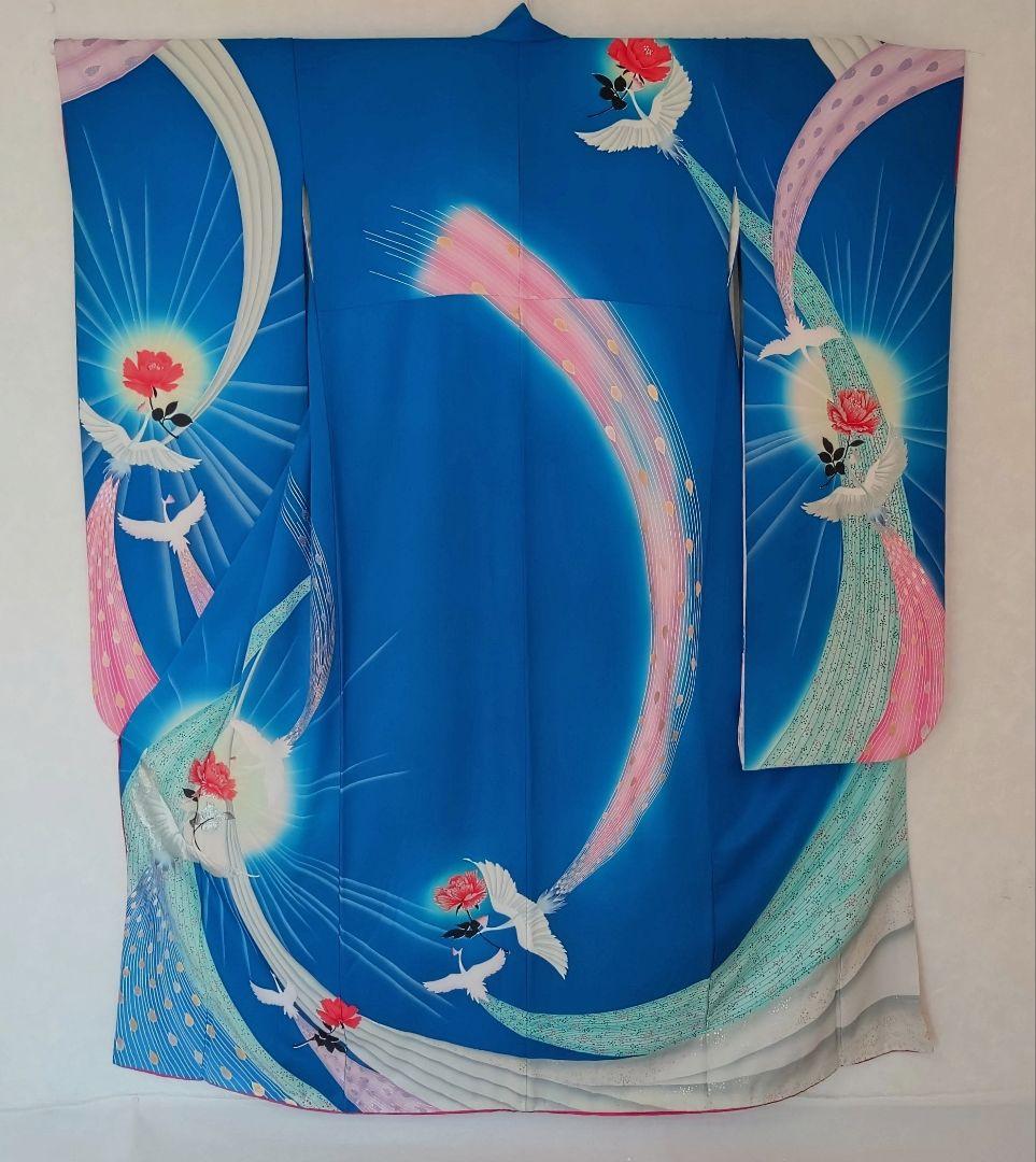 ポケカ 美品 ブルー系振袖 8点フルセット 正絹★青 バラ 鳳凰 ※ラメ