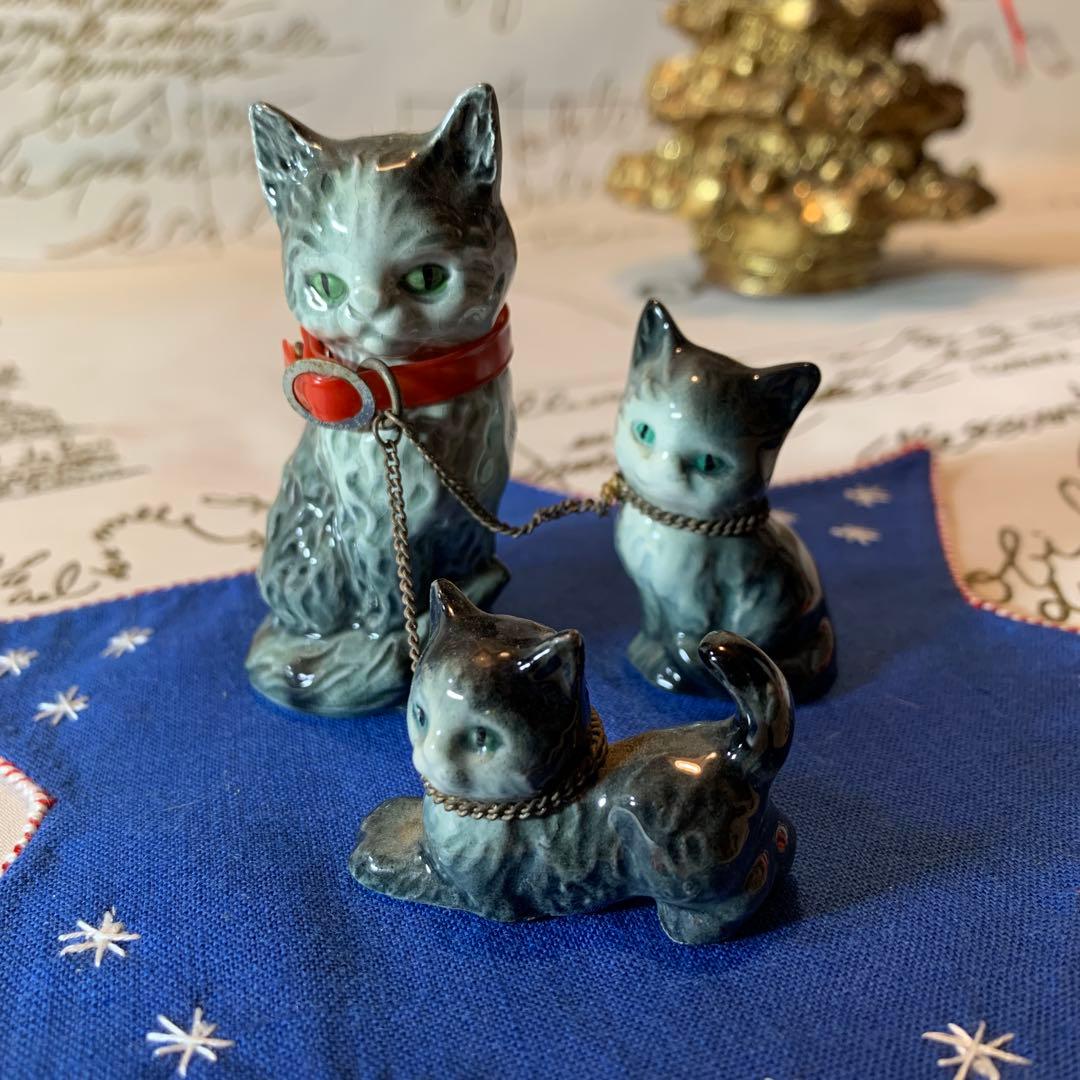 ゲーベル人形　西ドイツ製　陶器置物　レアな可愛い親子3匹セットの猫ちゃん！