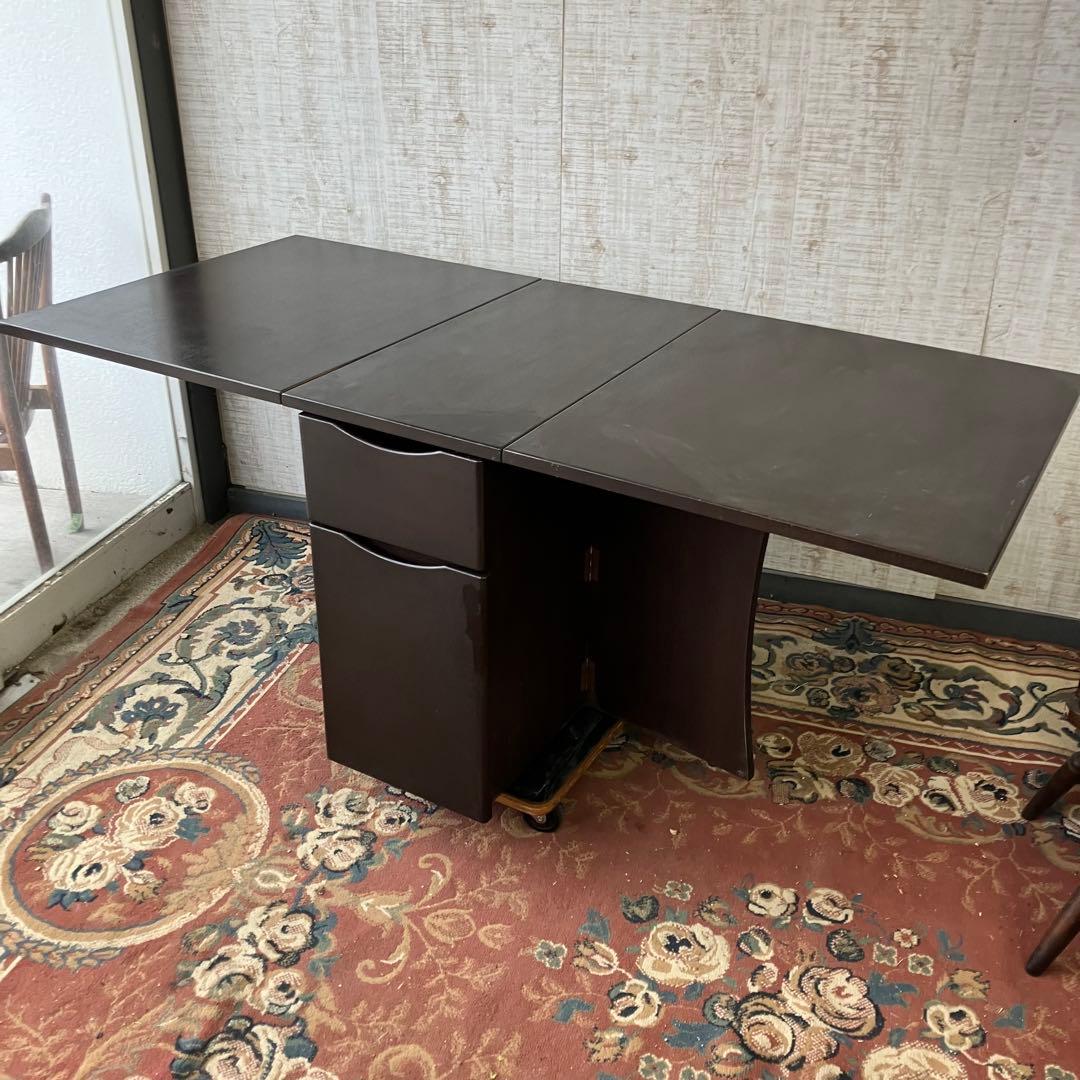 北欧レトロ 木製 大型バタフライテーブル ダイニングテーブル 引き出し収納付