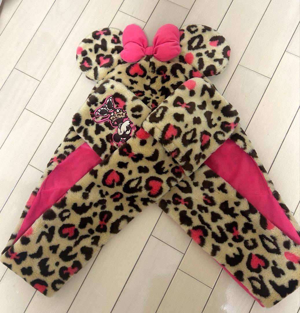 ミニーマウス ヒョウ柄ファンキャップ マフラー