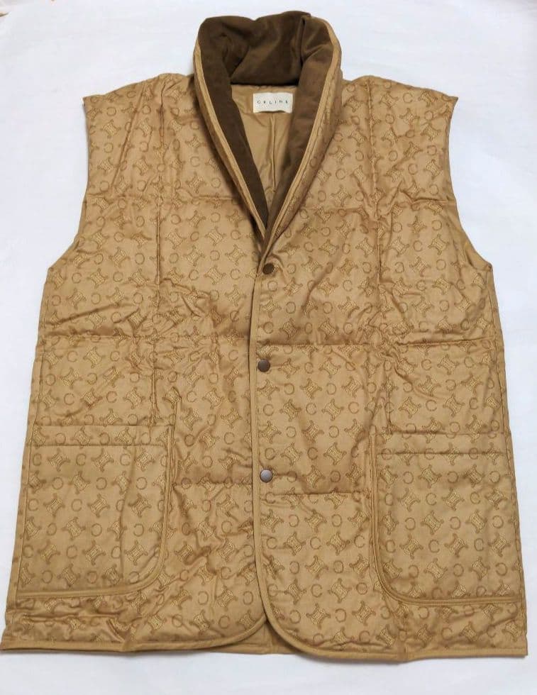 セリーヌ CELINE 羽毛ダウンベスト 肩当て 茶色 羽毛100％