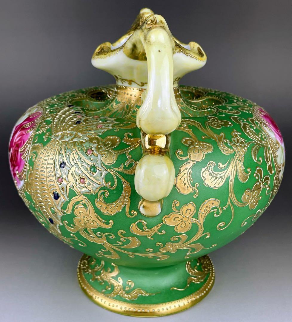 【美品】オールドノリタケ ジュエル 翠地金盛り蝶 薔薇紋花瓶 ジュール エナメル