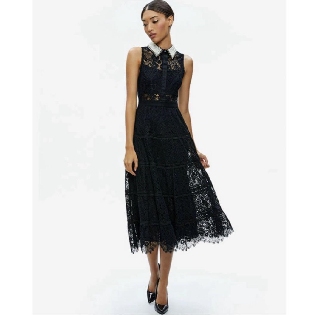 【新品未使用】アリスアンドオリビア総レースワンピース襟ビジュー黒ノースリーブ2