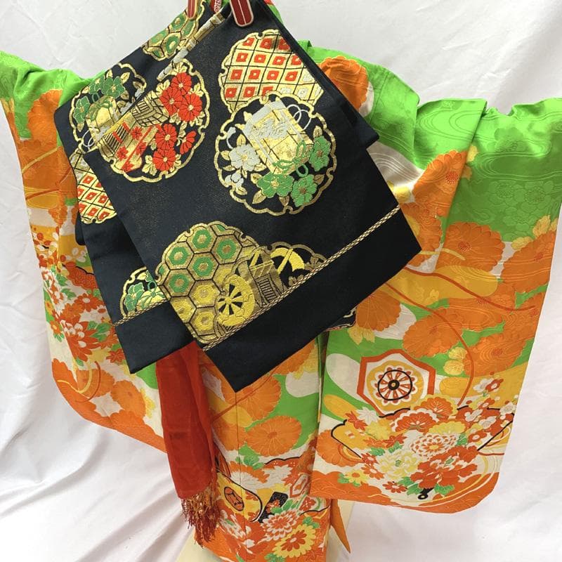 411ag18, 小物類□七五三 七歳 女児 着物&袋帯&長襦袢　□状態良好