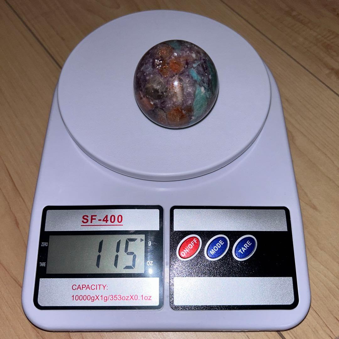 ①アマゾナイト サンストーン レピドライト 共生 スフィア レア 45.9ミリ