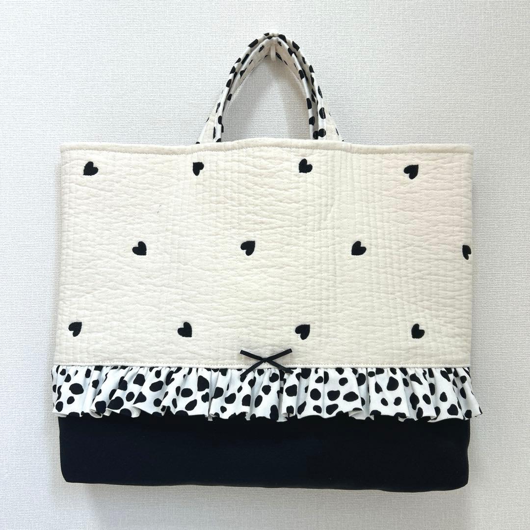 入園入学3点セット　【白地ハート×ダルメシアン】　手提げ　上靴袋　お着替え袋