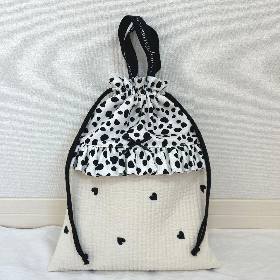 入園入学3点セット　【白地ハート×ダルメシアン】　手提げ　上靴袋　お着替え袋