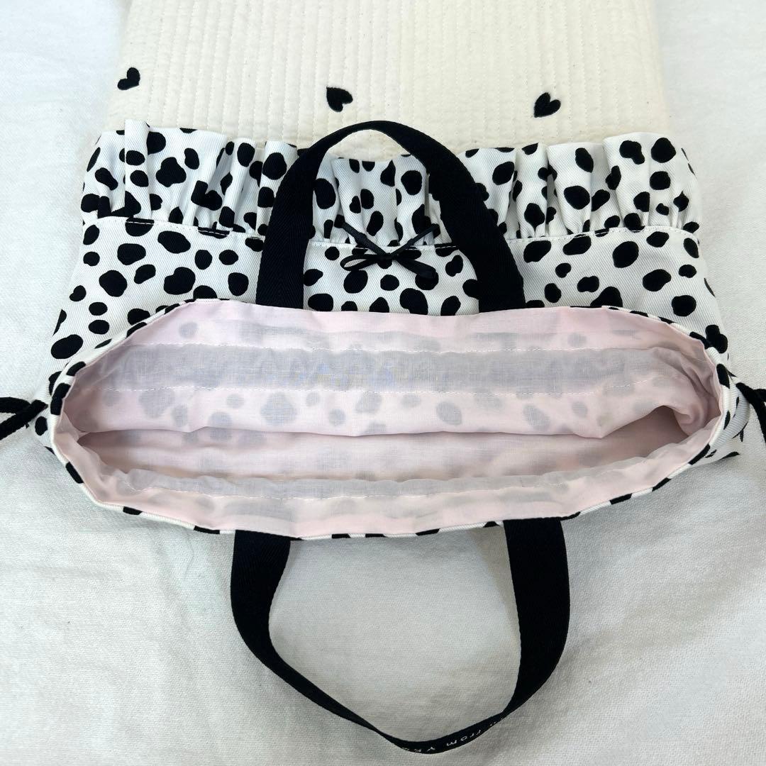 入園入学3点セット　【白地ハート×ダルメシアン】　手提げ　上靴袋　お着替え袋