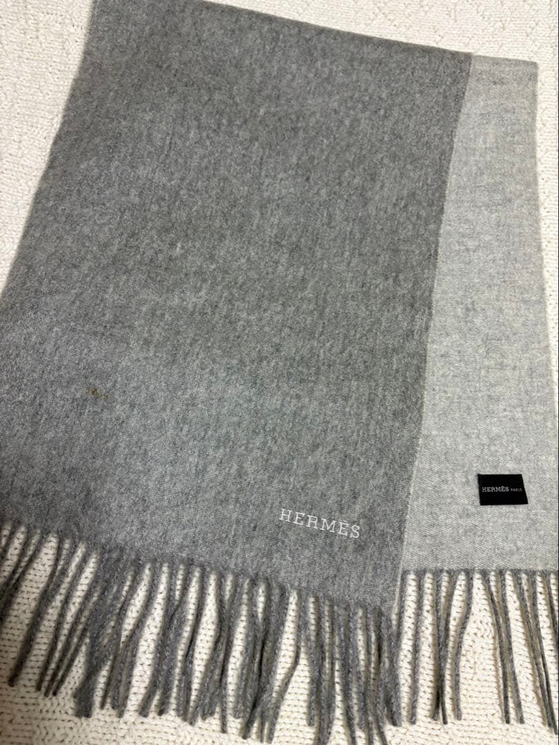 HERMES グレー マフラー フリンジ付き