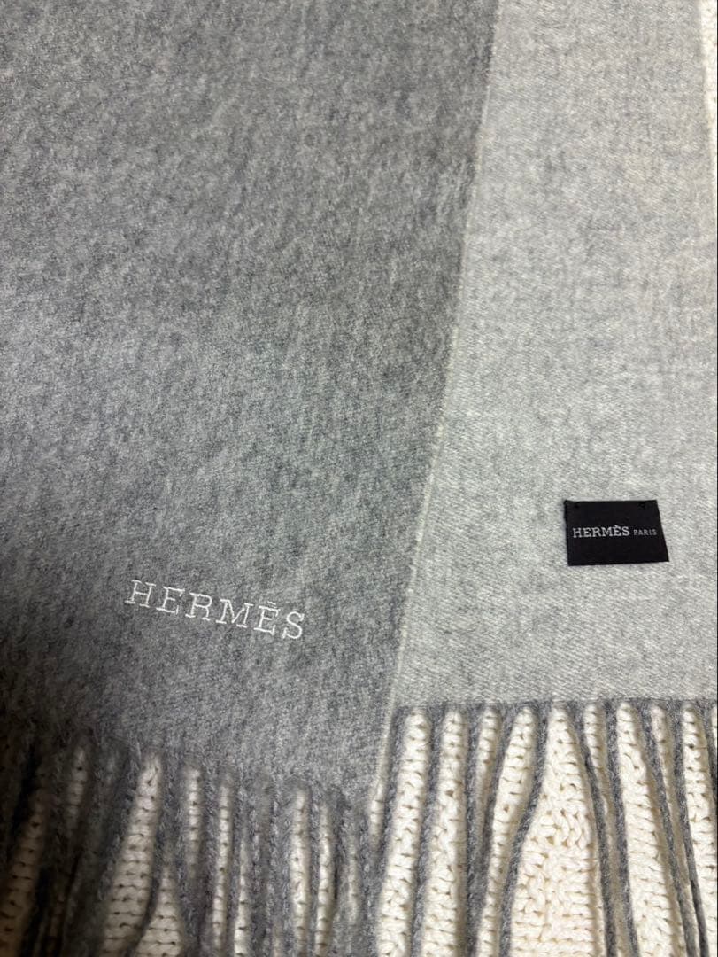 HERMES グレー マフラー フリンジ付き