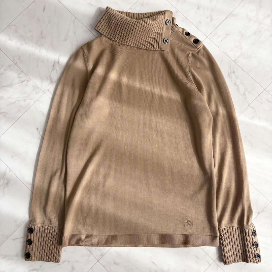 【バーバリー】ハイネックニット　薄手　ノバチェック　ホースロゴ　ウール　茶色